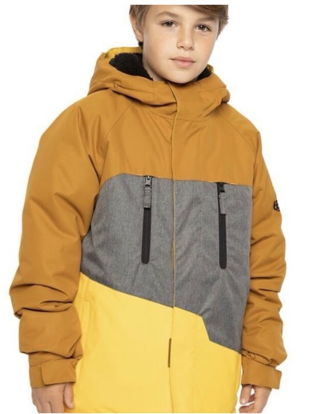 686 Kids Three-Tone Colorblock Puffer Jacket in Mustard, Gray & Yellow